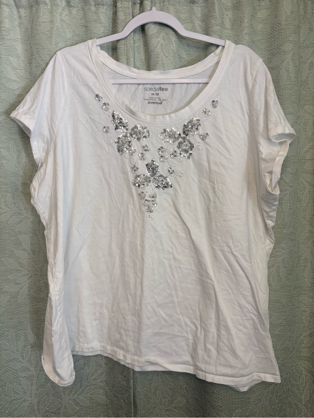 Avenue White Short-Sleeve Tee with Silver Sequin Floral Accent